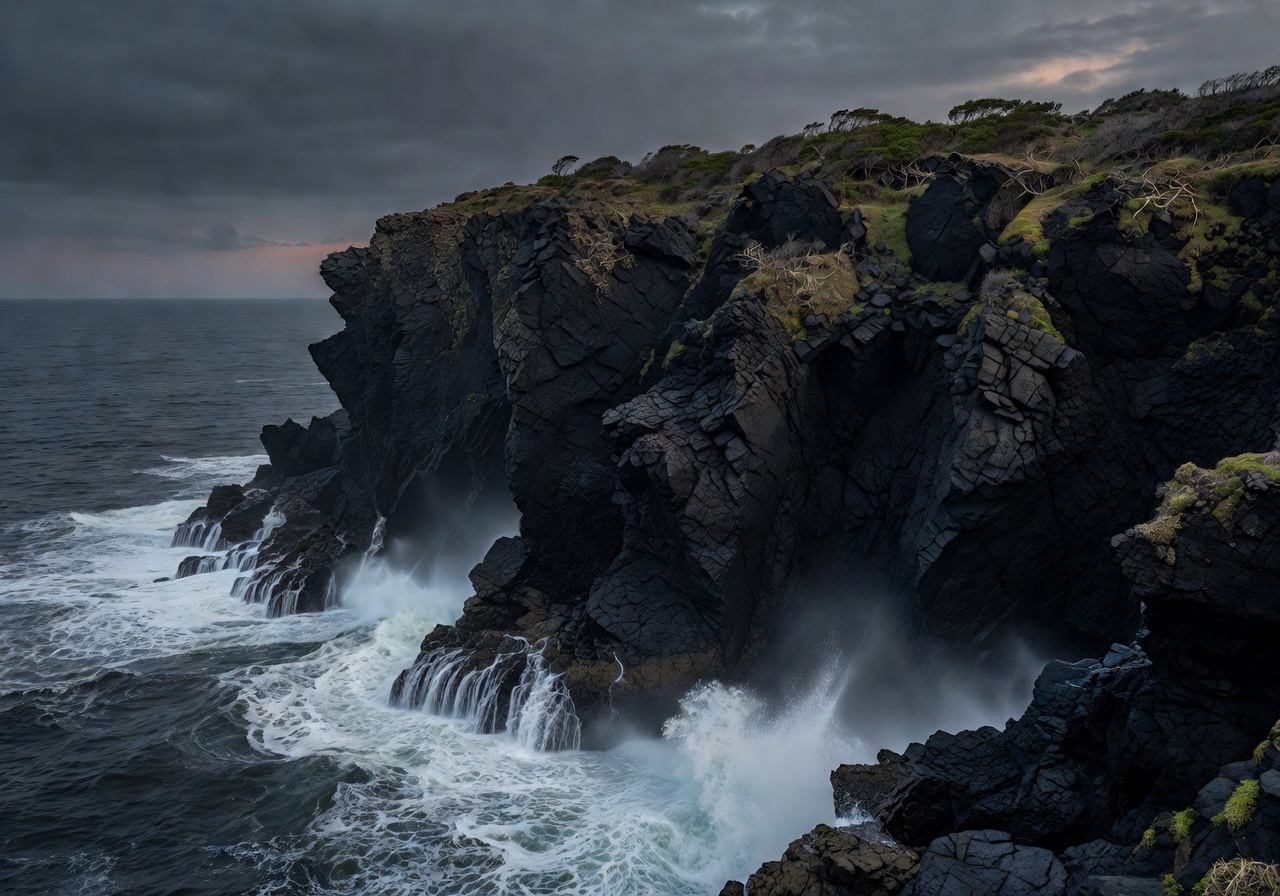 Dark rocky coastal cliff edge
