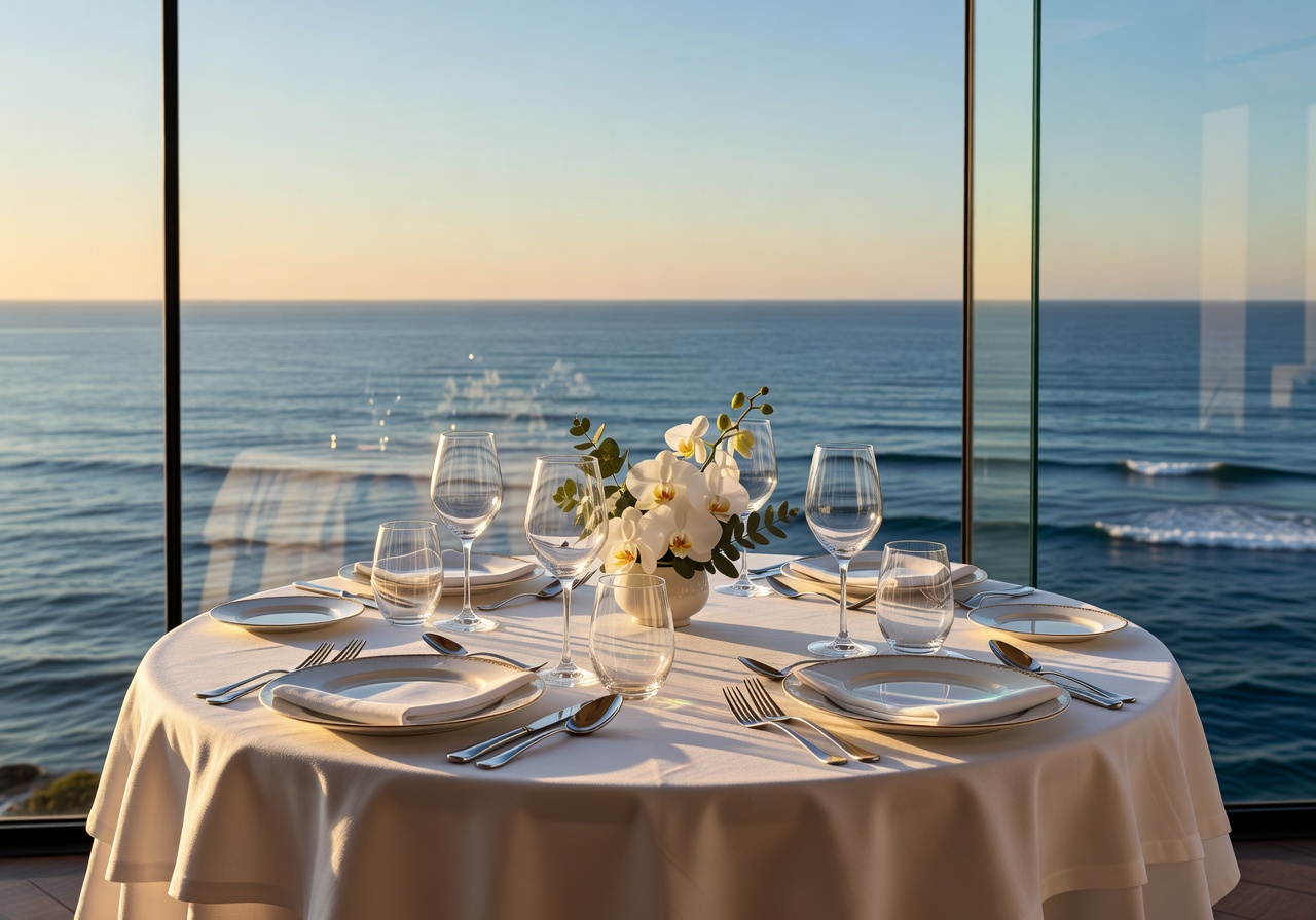 Elegant restaurant table setting with ocean view