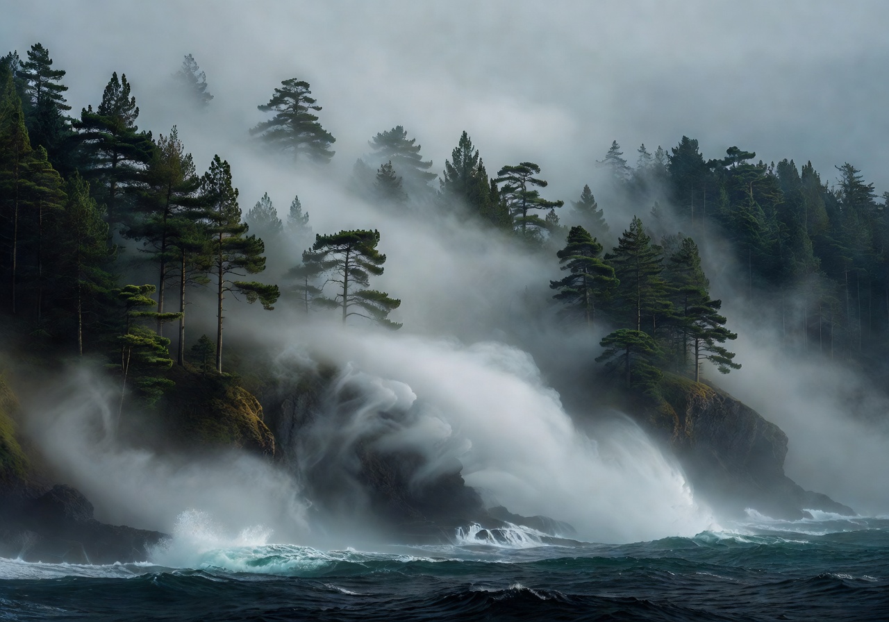 Fog rolling over deep green pine trees and dark ocean