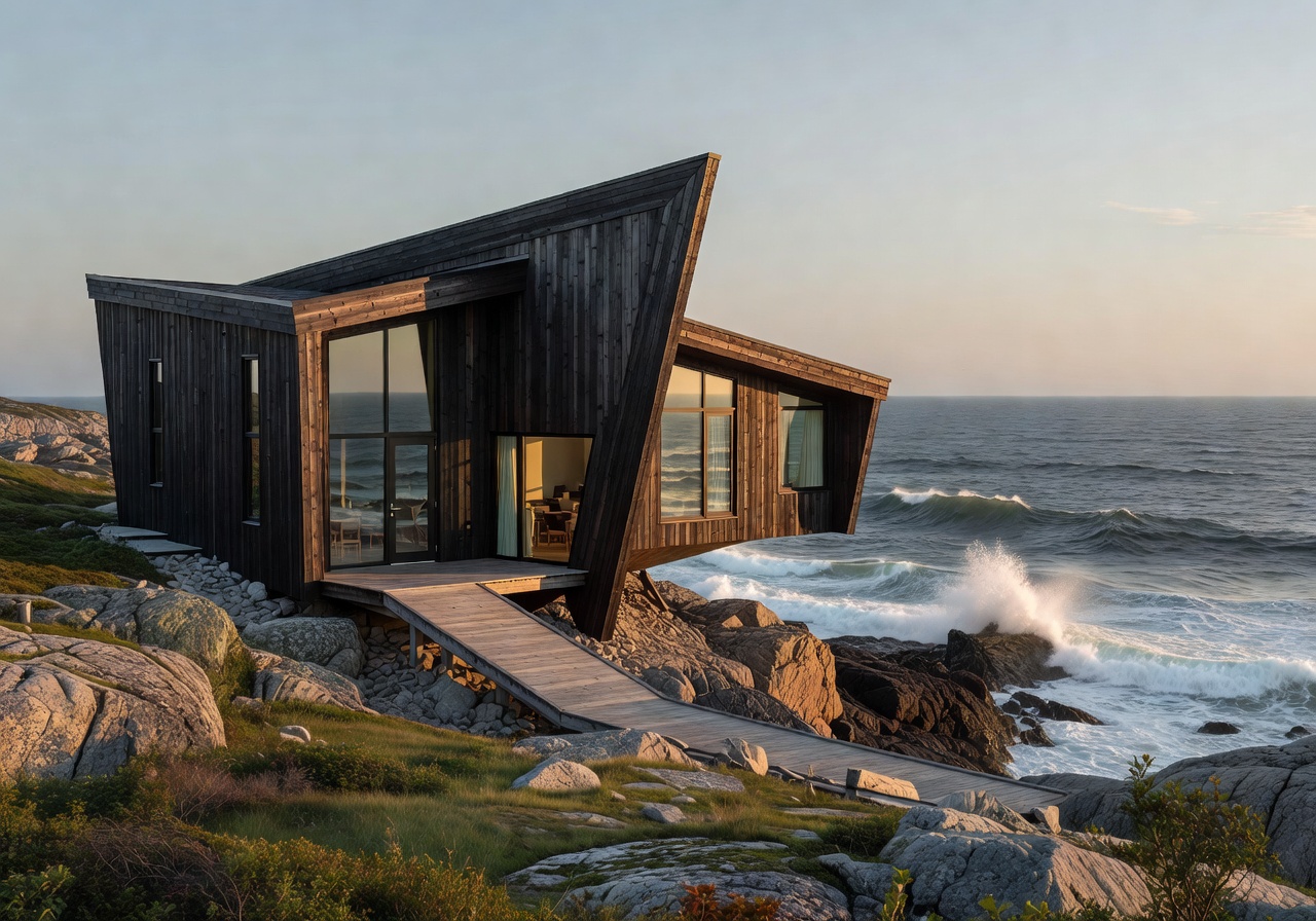 Minimalist cabin architecture against coastal rocks