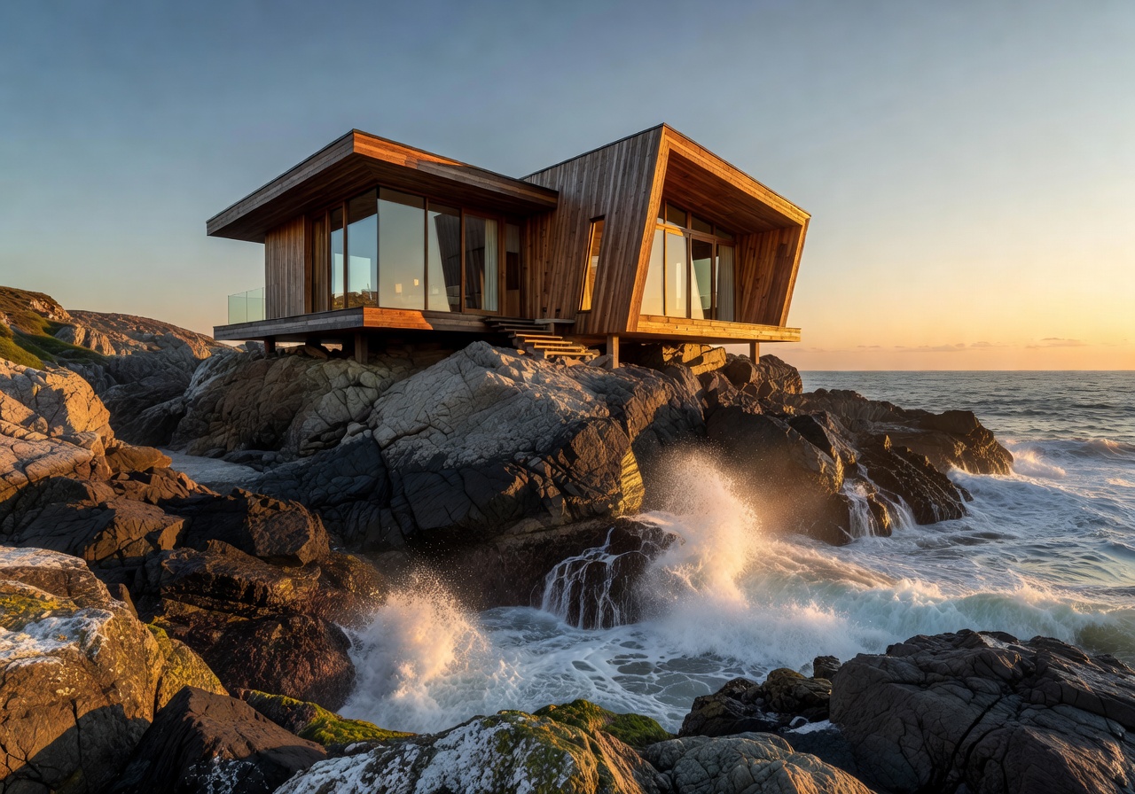 Modern wooden architectural structure on coastal rocks