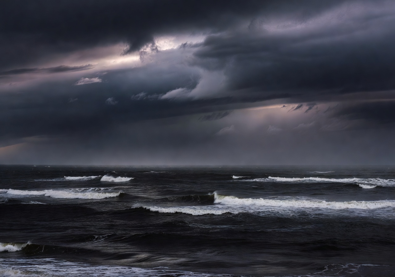 Atlantic ocean horizon with moody overcast sky