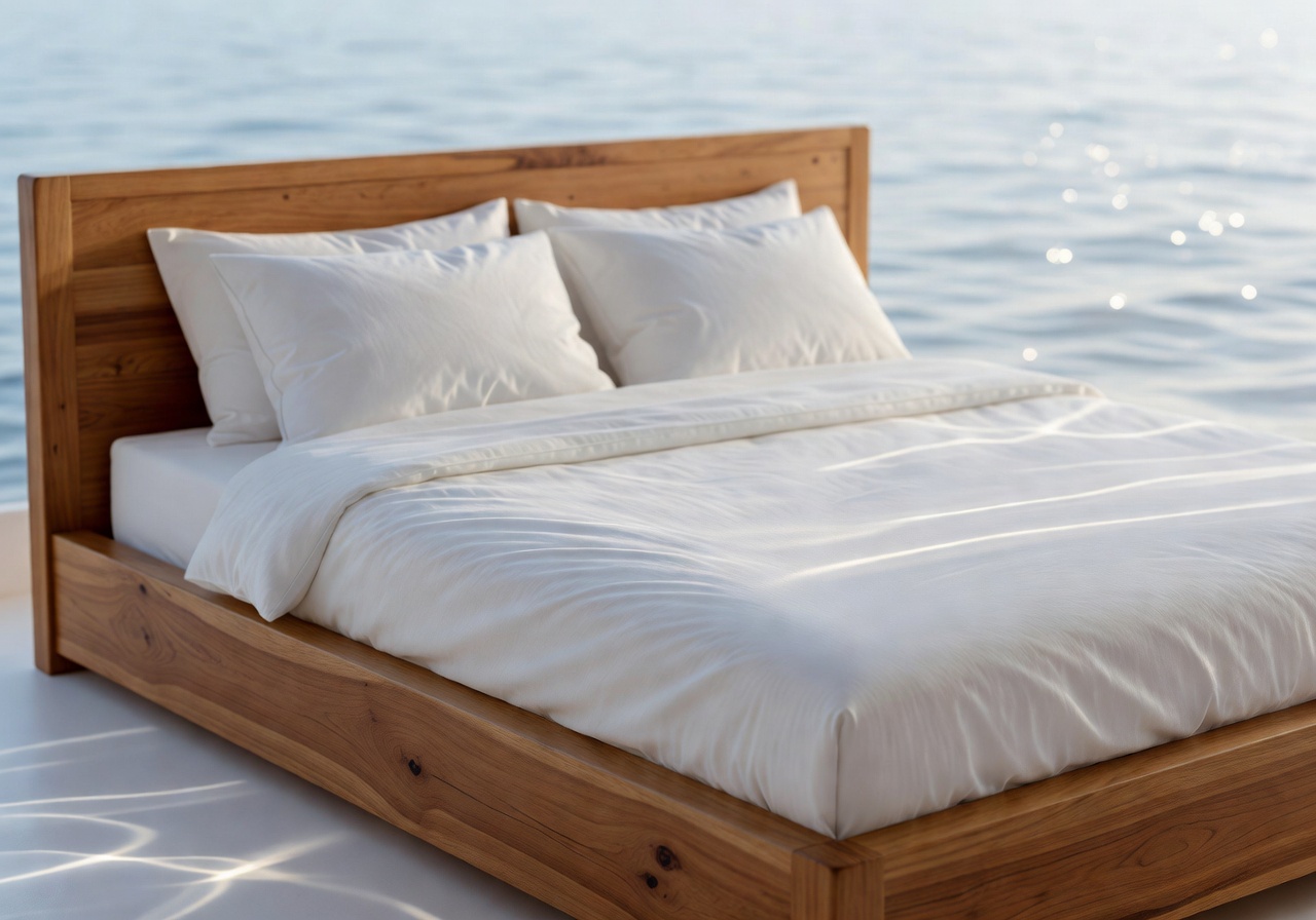 Warm wooden bed frame with minimal white bedding and ocean light